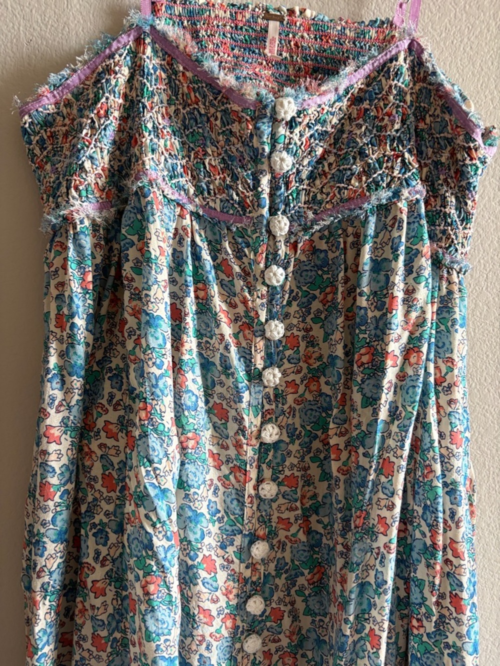 Free People Molly Jo Midi Dress Smocked Blossom Combo Blue Bohemian Size L - Picture 3 of 13